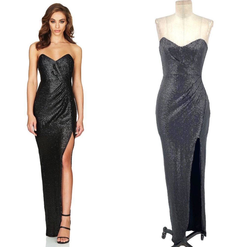 Nookie Black Strapless Sequin Gown with Side Thigh Slit